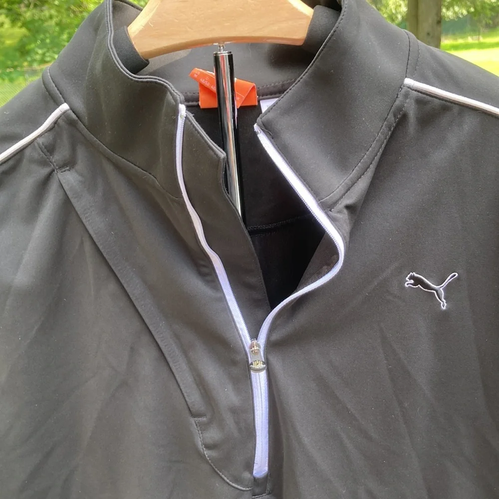 PUMA Golf 1/2 zip Black Shirt white stripe design front pocket Wing Cell sports - Picture 2 of 12